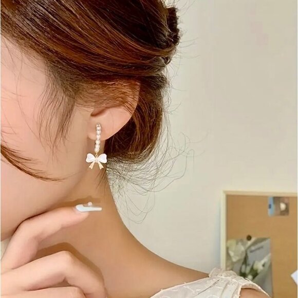 Pearl Bow Drop Hoop Earrings - Picture 4 of 4